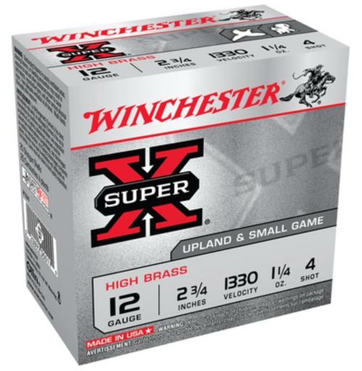 Winchester Super X High Brass 12 Ga, 2.75", 1-1/4 oz, 4 Shot, 25rd/Box Winchester Super X High Brass 12 Ga, 2.75", 1-1/4 oz, 4 Shot, 25rd/Box