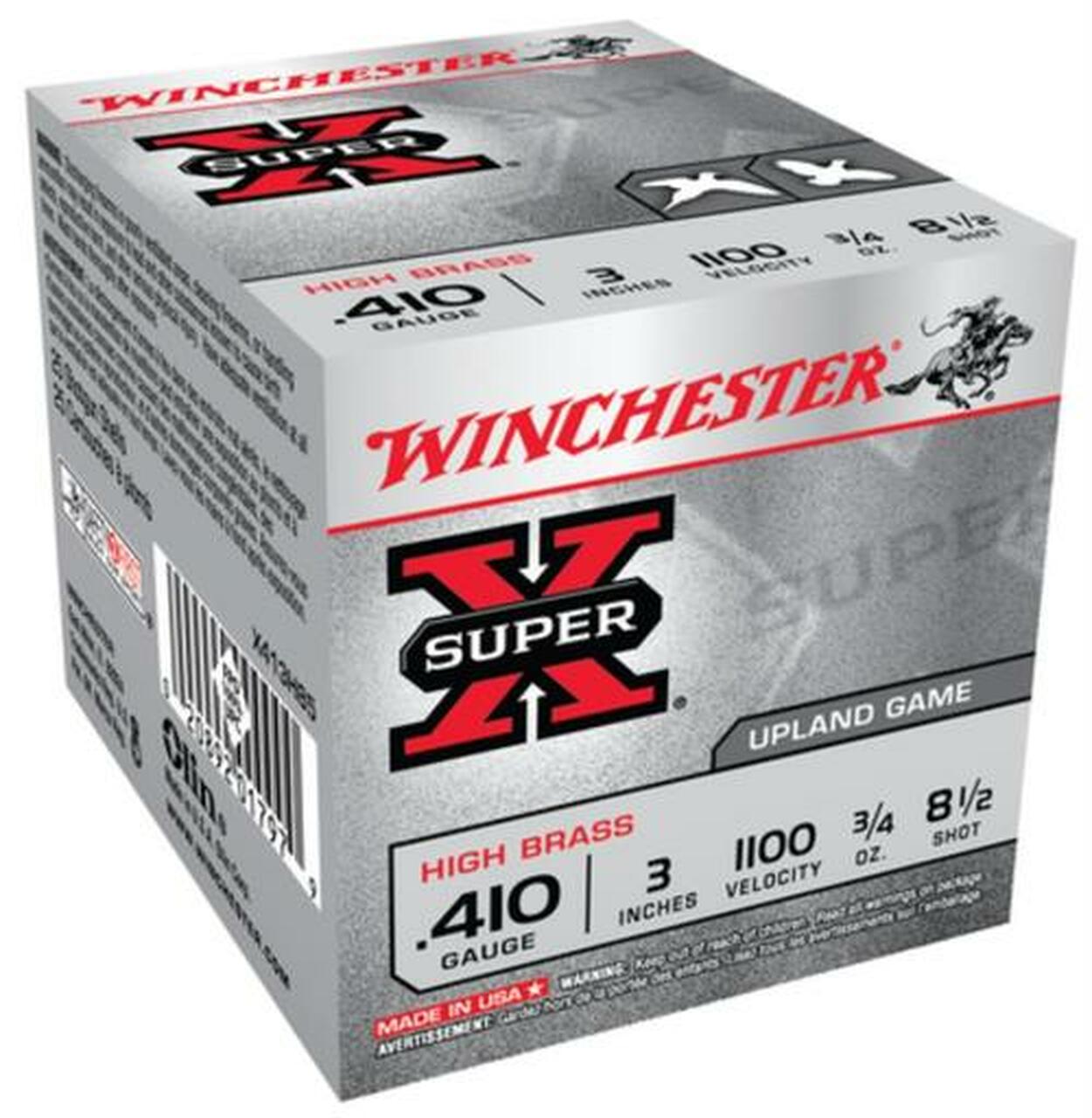 Winchester Super-X High Brass .410 Ga, 3", 1100 FPS, .75oz, 8.5 Shot, 25rd/Box Winchester Super-X High Brass .410 Ga, 3", 1100 FPS, .75oz, 8.5 Shot, 25rd/Box