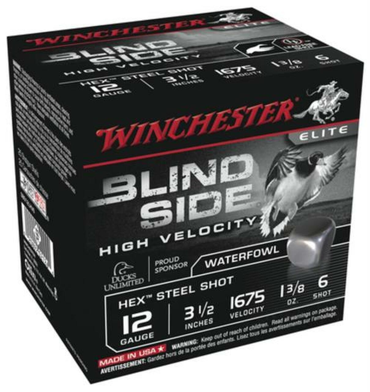 Winchester Blind Side Steel Hex High Velocity Waterfowl 12 Ga, 3", 1675 FPS, 1.125oz, 6 Shot, 25rd/Box Winchester Blind Side Steel Hex High Velocity Waterfowl 12 Ga, 3", 1675 FPS, 1.125oz, 6 Shot, 25rd/Box