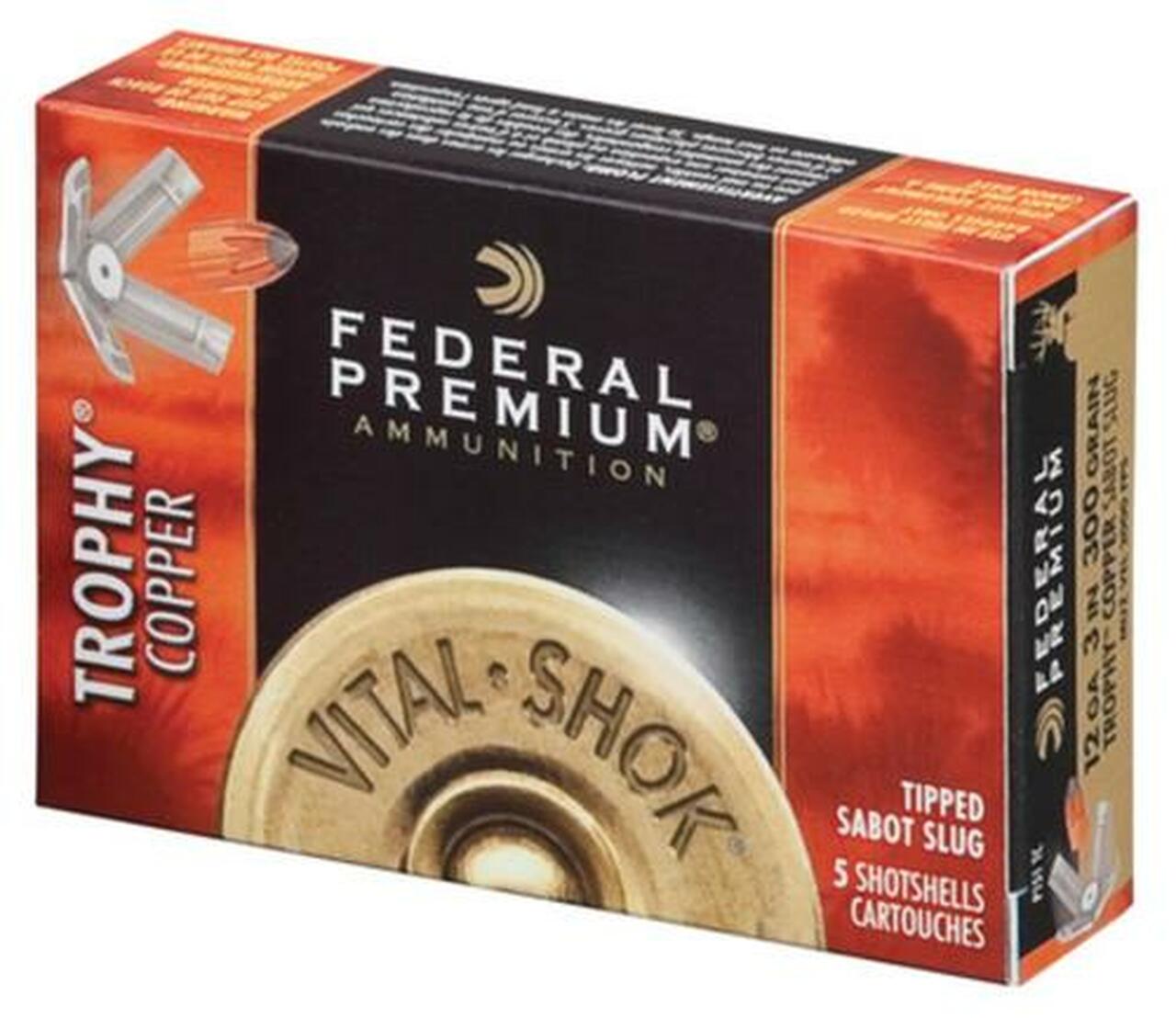 Federal Vital-Shok 12 Ga, 3", 2000 FPS, 300gr, Trophy Copper Sabot Slug 5 Per Box Federal Vital-Shok 12 Ga, 3", 2000 FPS, 300gr, Trophy Copper Sabot Slug 5 Per Box