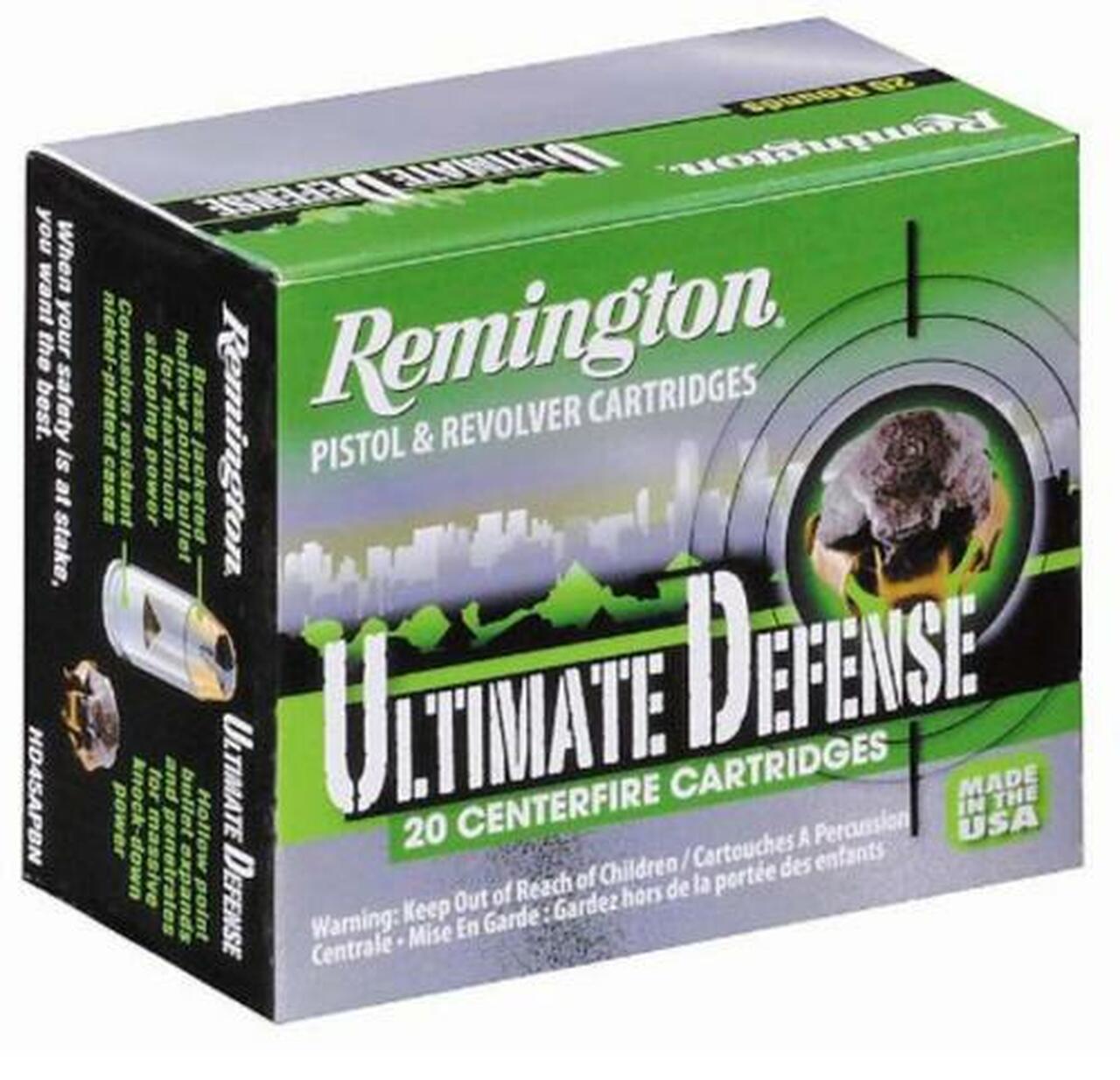 Remington Ultimate Defense 45 ACP Brass Jacket Hollow Point 230gr, 20 Round Box Remington Ultimate Defense 45 ACP Brass Jacket Hollow Point 230gr, 20 Round Box