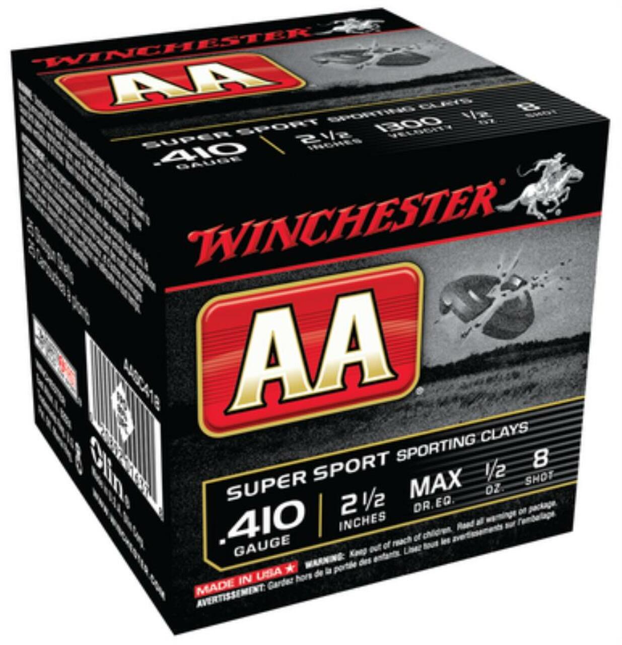 Winchester AA Super-Sport .410 Ga, 2.75", 1300 FPS, .5 oz, 8 Shot, 250rd/Case (10 Boxes of 25rd) Winchester AA Super-Sport .410 Ga, 2.75", 1300 FPS, .5 oz, 8 Shot, 250rd/Case (10 Boxes of 25rd)