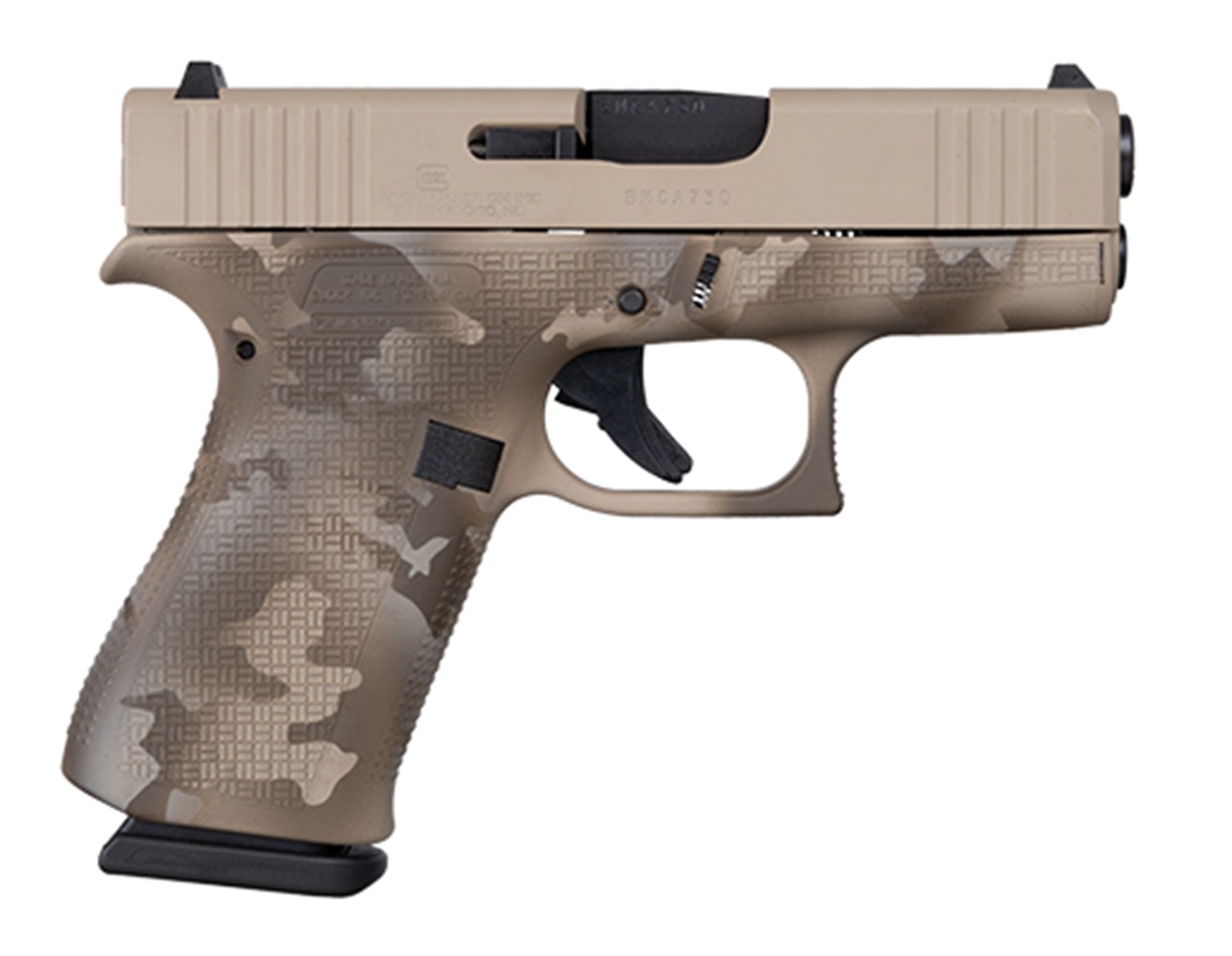 Glock 43x Sub Compact 9mm, Apollo Custom, 3.4" Barrel, Desert Multicam, 2x 10rd Glock 43x Sub Compact 9mm, Apollo Custom, 3.4" Barrel, Desert Multicam, 2x 10rd