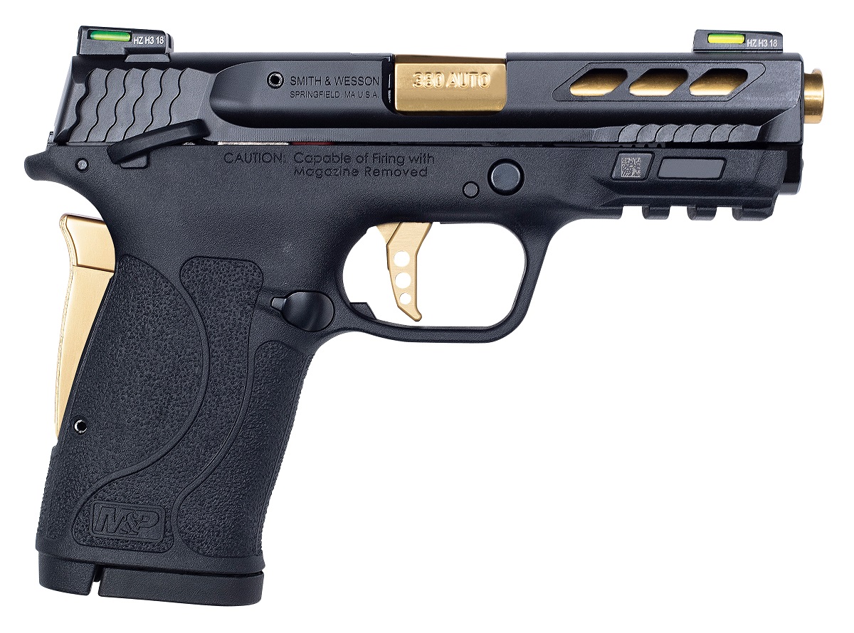 Smith & Wesson Performance Center M&P 380 Shield EZ 380 ACP Pistol with Manual Safety and Ported Barrel, Gold Smith & Wesson Performance Center M&P 380 Shield EZ 380 ACP Pistol with Manual Safety and Ported Barrel, Gold