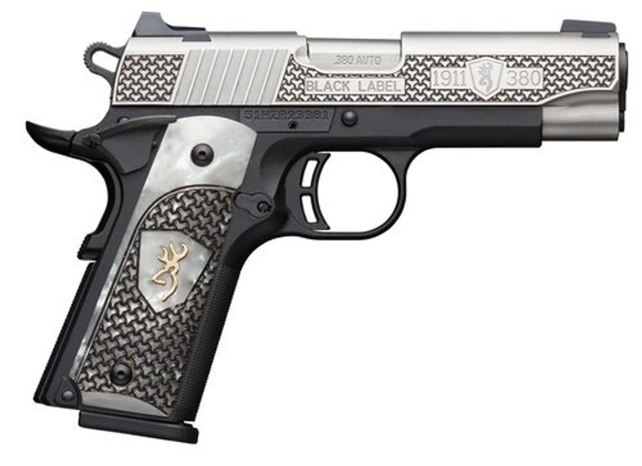 Browning 1911-380 Black Label, .380 ACP, 3.62" Barrel, 8rd, Pearl Grips, Black/Stainless Browning 1911-380 Black Label, .380 ACP, 3.62" Barrel, 8rd, Pearl Grips, Black/Stainless