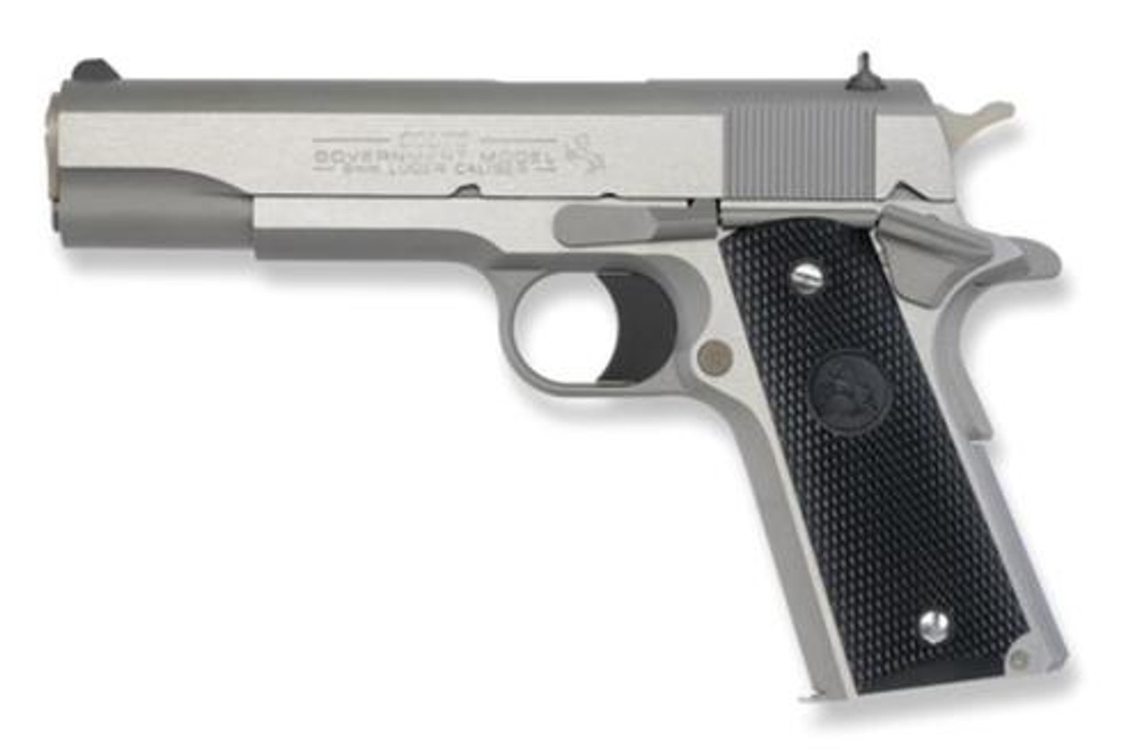 Colt Series 1991 Government 9mm 5" Barrel Brushed SS Finish White Dot Sights Composite Grips 8rd Colt Series 1991 Government 9mm 5" Barrel Brushed SS Finish White Dot Sights Composite Grips 8rd
