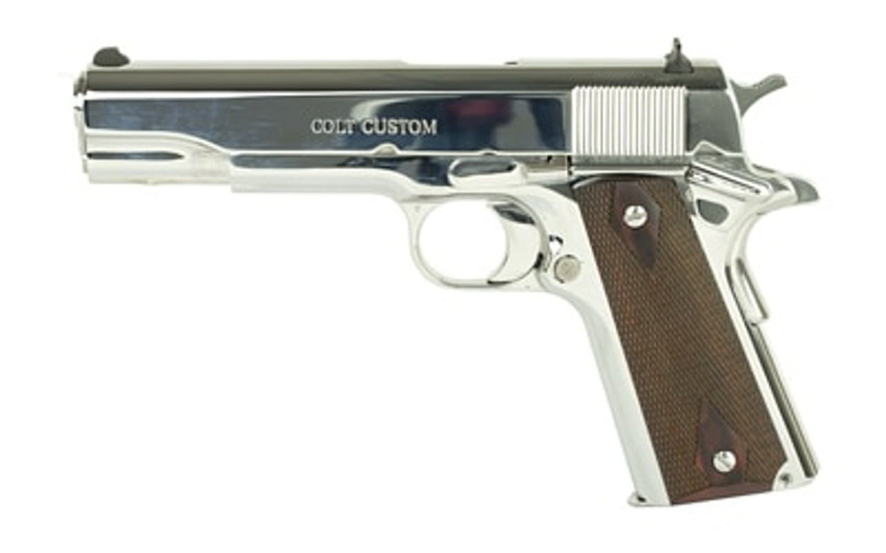 Colt Government 1911, 45 ACP, 5" Barrel, Steel Frame, Bright Stainless Finish, 7Rd Mag, White Dot Sights Colt Government 1911, 45 ACP, 5" Barrel, Steel Frame, Bright Stainless Finish, 7Rd Mag, White Dot Sights