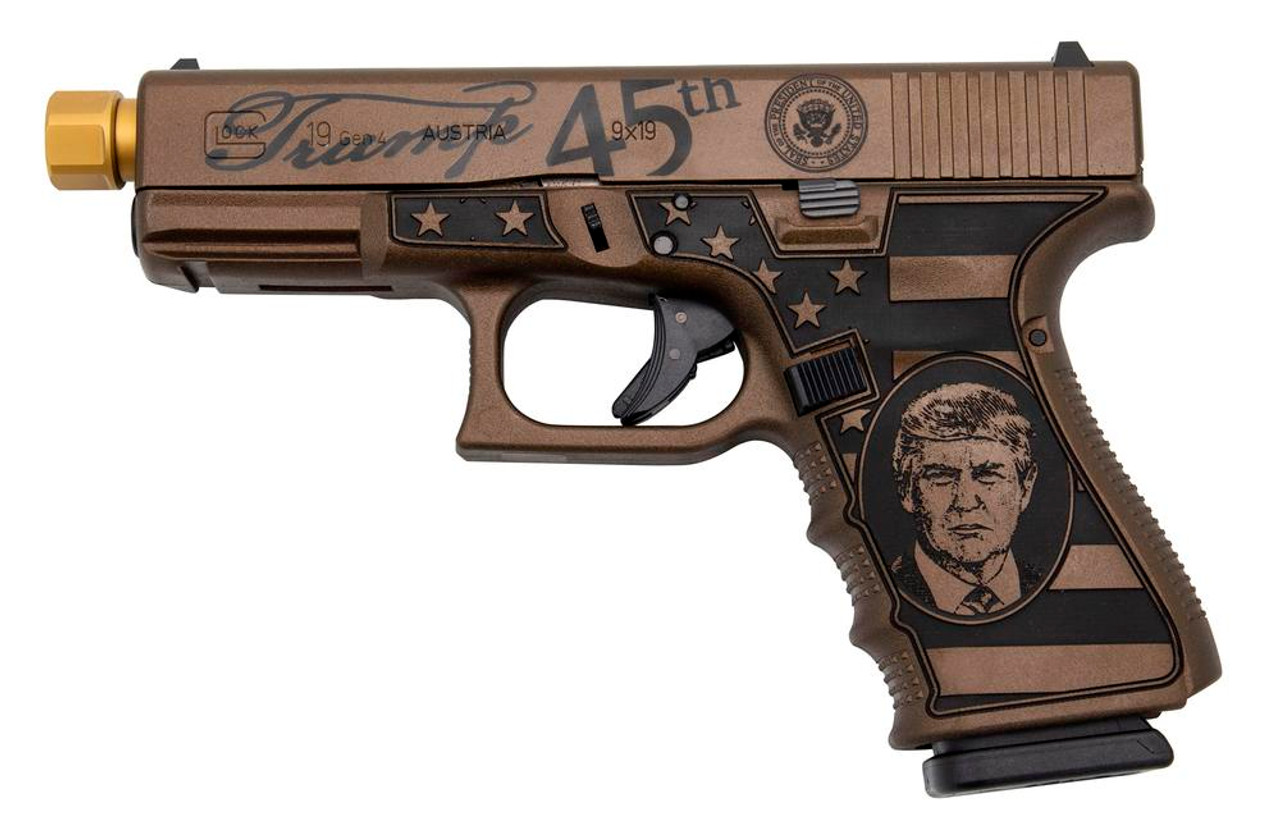 Glock 19 Gen 4 9mm, TRUMP Custom, 4" Threaded Barrel, Burnt Bronze W/ Engraving, 15rd Glock 19 Gen 4 9mm, TRUMP Custom, 4" Threaded Barrel, Burnt Bronze W/ Engraving, 15rd
