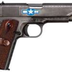 Auto Ordnance Squadron Special Edition WW2 1911 45 ACP, 5" Barrel, Black/Gray Cerakote, Wood Grips, US Logo, Adj Rear Sight, Custom Engraved to Resemble a WW2 Fighter Plane, 7rd