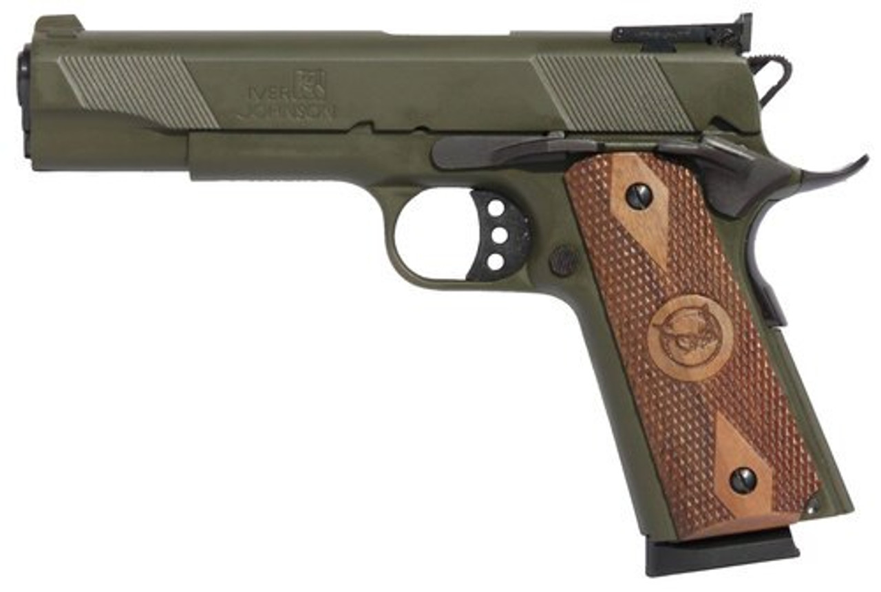 Iver Johnson 1911 Eagle, 45 ACP, 5", 8rd, Walnut Grips, OD Green Iver Johnson 1911 Eagle, 45 ACP, 5", 8rd, Walnut Grips, OD Green