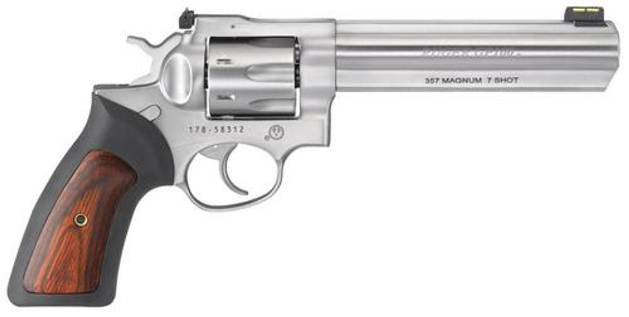Ruger GP100 .357 Mag, 6", 7rd, Satin Stainless Steel, Fiber Optic Front Sight, Adjustable Rear Sight Ruger GP100 .357 Mag, 6", 7rd, Satin Stainless Steel, Fiber Optic Front Sight, Adjustable Rear Sight