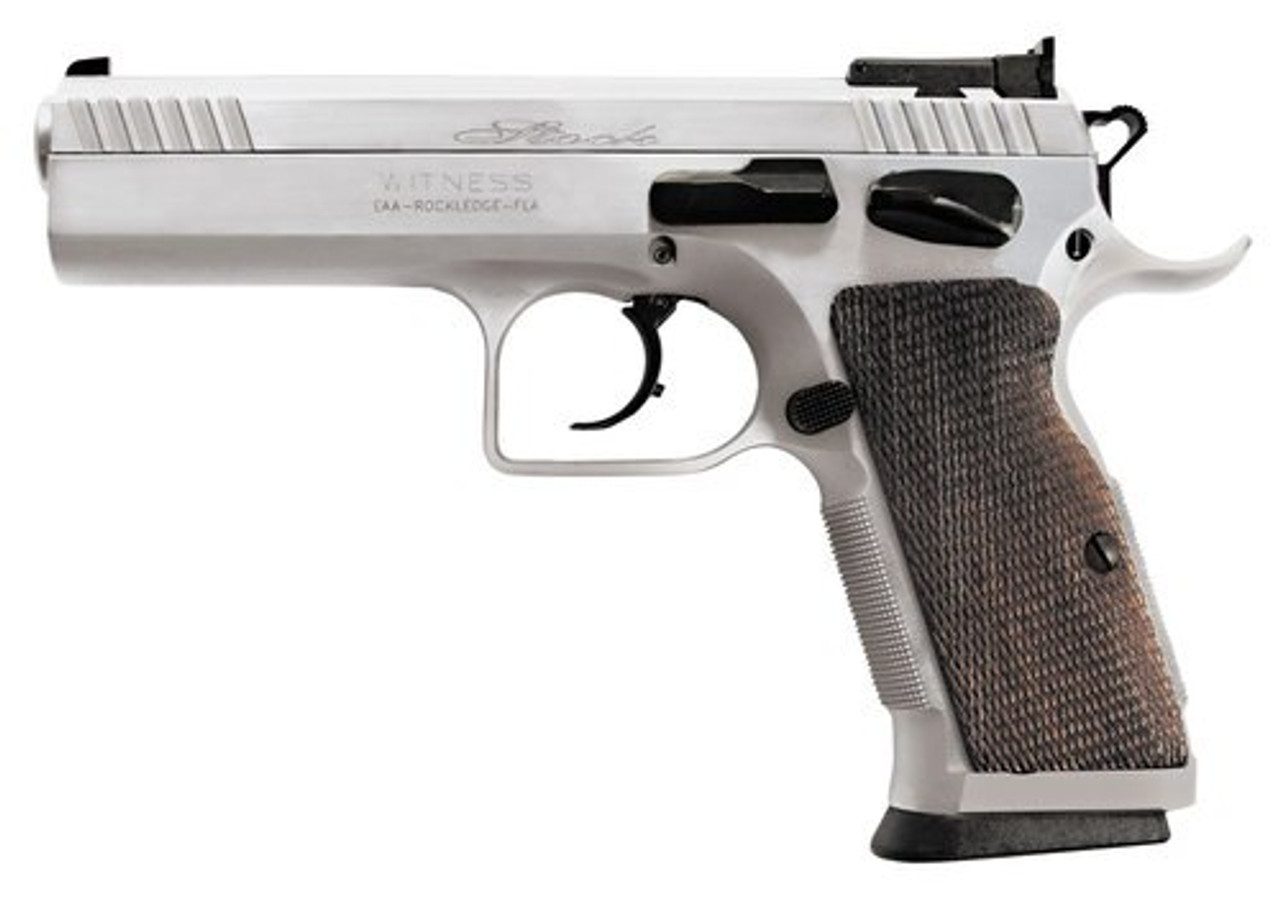 EAA Witness Elite Stock 2, .38 Super, 4.5" Barrel, 17rd, Checkered Walnut Grip, Chrome Competition EAA Witness Elite Stock 2, .38 Super, 4.5" Barrel, 17rd, Checkered Walnut Grip, Chrome Competition