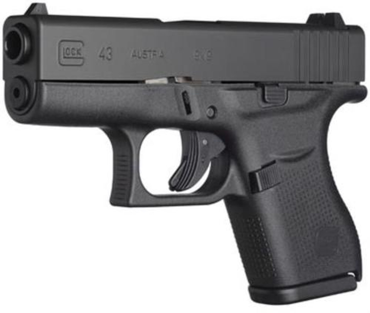 Glock, 43, Semi-automatic, Striker Fired, Sub Compact, 9mm, 3.41" Barrel, Polymer Frame, Matte Finish, Fixed Sights, 6Rd, 2 Magazines Glock, 43, Semi-automatic, Striker Fired, Sub Compact, 9mm, 3.41" Barrel, Polymer Frame, Matte Finish, Fixed Sights, 6Rd, 2 Magazines