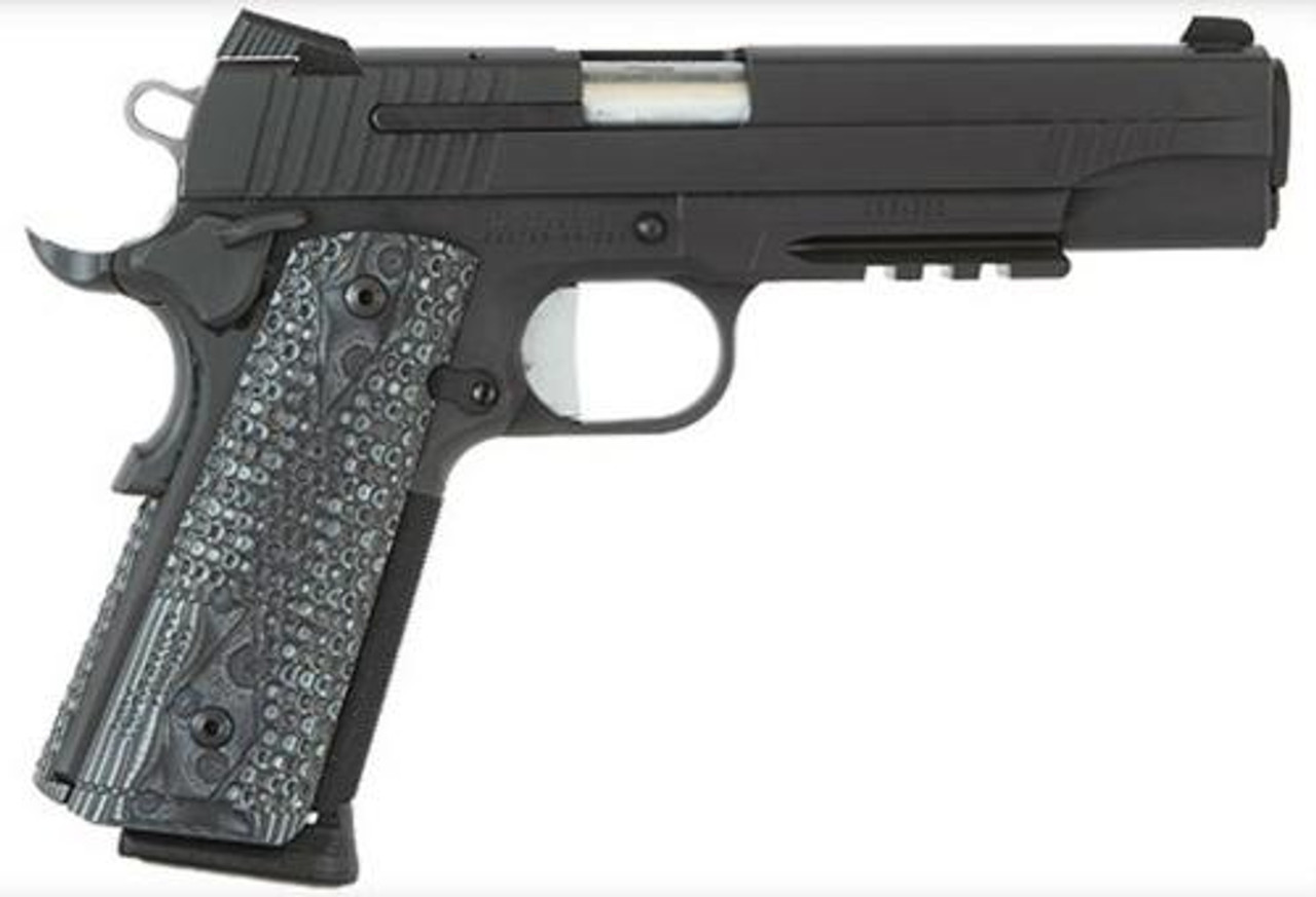 Sig 1911 45 ACP, 5" Barrel, Extreme Black SAO Siglite Black/Gray G10 Grip (2) 8RD Steel MAG Rail Sig 1911 45 ACP, 5" Barrel, Extreme Black SAO Siglite Black/Gray G10 Grip (2) 8RD Steel MAG Rail