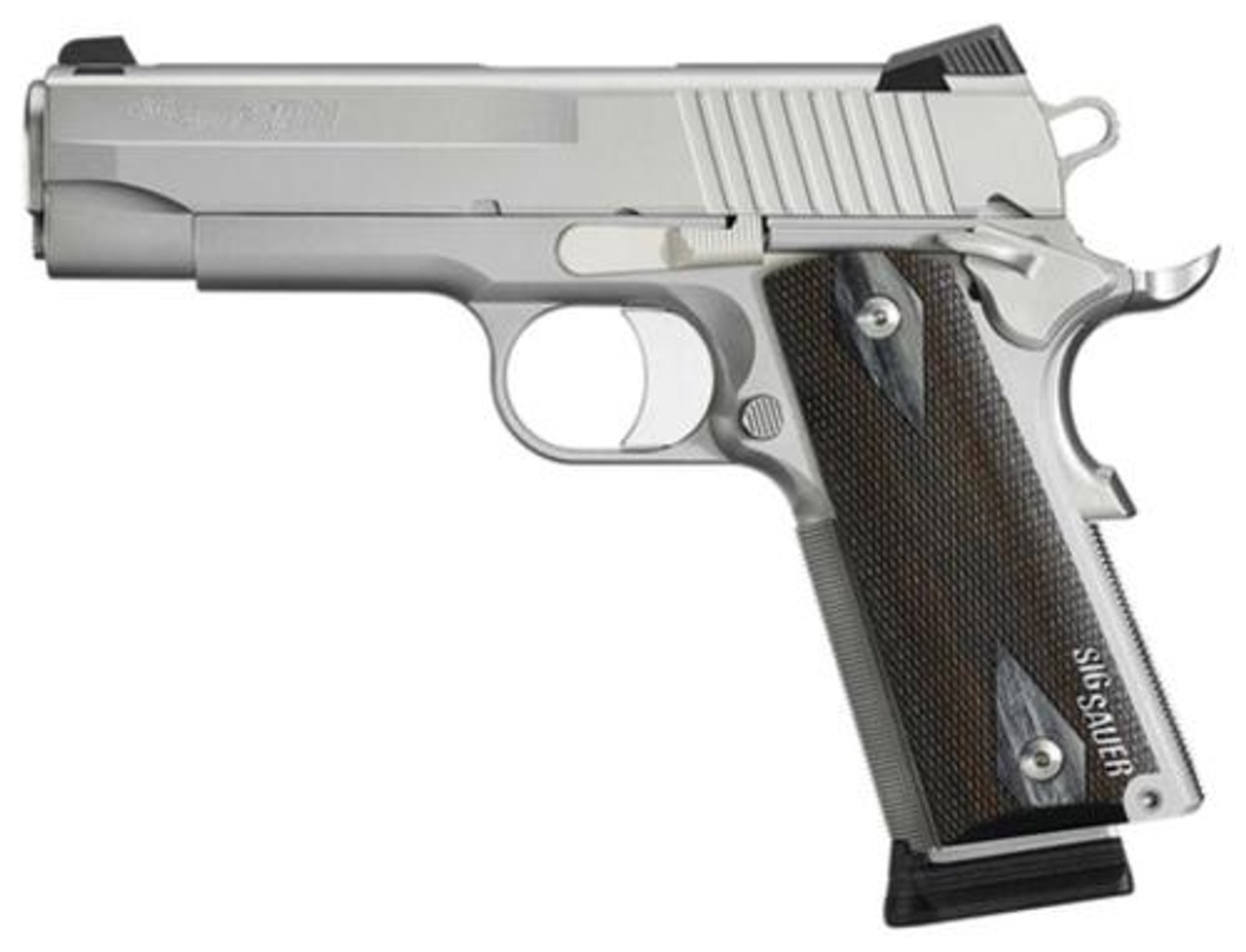 Sig 1911 45 ACP, 5" Barrel, Stainless Stainless Finish SAO Siglite Blackwood Grip (2) 8RD Steel MAG CA Compliant Sig 1911 45 ACP, 5" Barrel, Stainless Stainless Finish SAO Siglite Blackwood Grip (2) 8RD Steel MAG CA Compliant