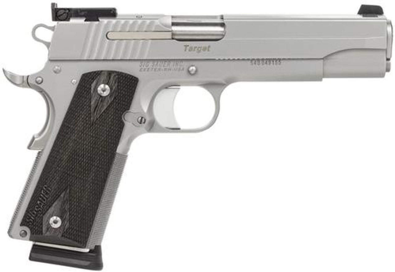 Sig 1911 45 ACP, 5" Barrel, Target Stainless Finish SAO Adjustable Sights Blackwood Grip (2) 8RD Steel MAG CA Compliant Sig 1911 45 ACP, 5" Barrel, Target Stainless Finish SAO Adjustable Sights Blackwood Grip (2) 8RD Steel MAG CA Compliant