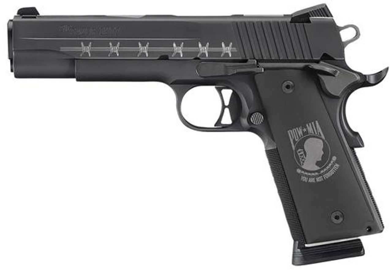 Sig 1911 POW-MIA 45 ACP Custom Engraved Nitron Custom Hogue POW-MIA Grips Black Sig 1911 POW-MIA 45 ACP Custom Engraved Nitron Custom Hogue POW-MIA Grips Black