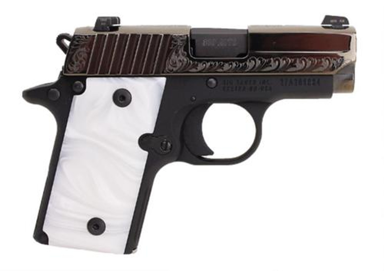 Sig P238 380 ACP 2.7In White Pearl Nitron Engraved Slide SAO Siglite White Pearl Grip (1) 6RD Steel MAG Sig P238 380 ACP 2.7In White Pearl Nitron Engraved Slide SAO Siglite White Pearl Grip (1) 6RD Steel MAG