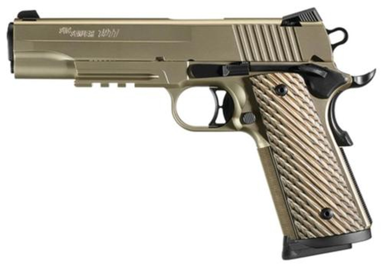 Sig 1911 45 ACP, 5" Barrel, Nickel NI PVD SAO Siglite Brown Vector Grip (2) 8RD Steel MAG Rail Sig 1911 45 ACP, 5" Barrel, Nickel NI PVD SAO Siglite Brown Vector Grip (2) 8RD Steel MAG Rail