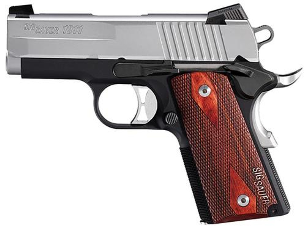 Sig 1911 9MM 3.3In Ultra Compact Black & Stainless Finish SAO Siglite Rosewood Grip (2) 8RD Steel MAG Sig 1911 9MM 3.3In Ultra Compact Black & Stainless Finish SAO Siglite Rosewood Grip (2) 8RD Steel MAG