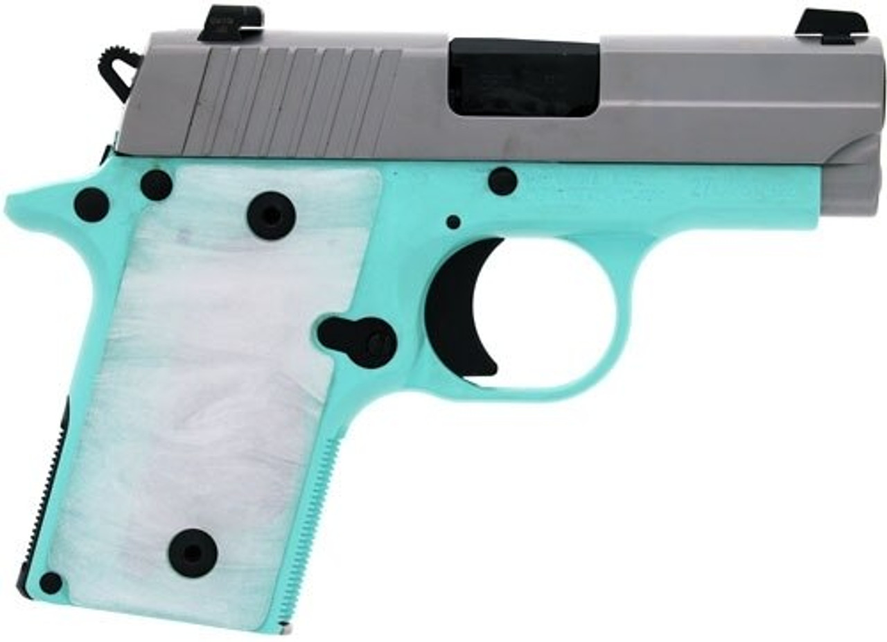 SIG P238, .380 ACP, 2.7", 6rd, SIGLITE NS, Pearl-White Grips, Robin Egg Blue SIG P238, .380 ACP, 2.7", 6rd, SIGLITE NS, Pearl-White Grips, Robin Egg Blue