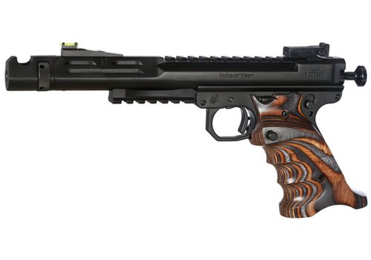 Volquartsen Scorpion .22 LR, 6" Barrel, Target 22 Frame, Hi-Viz Front & Target Rear, Brown/Gray Grips, Black Stainless Volquartsen Scorpion .22 LR, 6" Barrel, Target 22 Frame, Hi-Viz Front & Target Rear, Brown/Gray Grips, Black Stainless