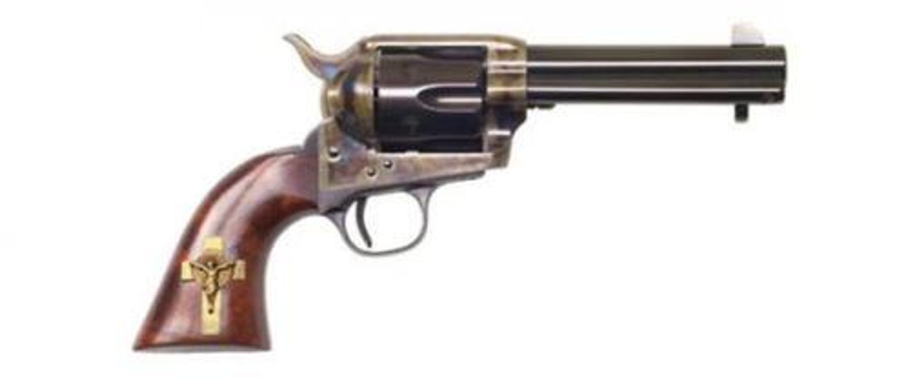 Cimarron Holy Smoker .45 Long Colt 4.75" Sterling Silver Gold Plated Cross Inlaid on Right Side of Grip Blue Cimarron Holy Smoker .45 Long Colt 4.75" Sterling Silver Gold Plated Cross Inlaid on Right Side of Grip Blue