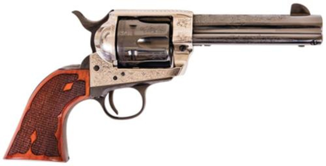 Cimarron Old Silver Frontier 45 Long Colt 4.75" Barrel Engraved Checkered Walnut Grips Cimarron Old Silver Frontier 45 Long Colt 4.75" Barrel Engraved Checkered Walnut Grips