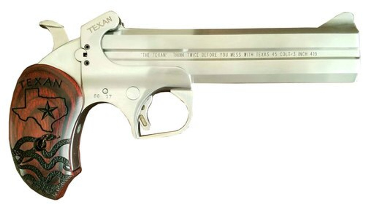 Bond Arms, The Texan, Derringer, 410 Ga 3"/45 Long Colt, 6" Barrel, Stainless Steel, With Trigger Guard, Fixed Sights, Rosewood Grips, 2Rd Bond Arms, The Texan, Derringer, 410 Ga 3"/45 Long Colt, 6" Barrel, Stainless Steel, With Trigger Guard, Fixed Sights, Rosewood Grips, 2Rd