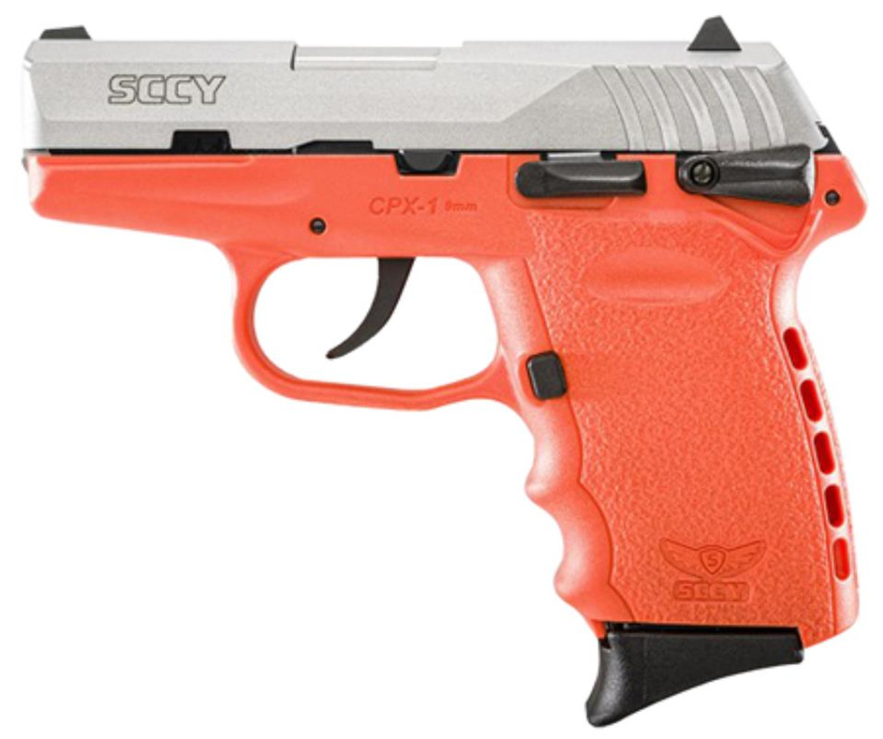 SCCY CPX-1 9mm, 3.1", 10rd, Manual Safety, Orange Polymer Grame, Natural Stainless SCCY CPX-1 9mm, 3.1", 10rd, Manual Safety, Orange Polymer Grame, Natural Stainless