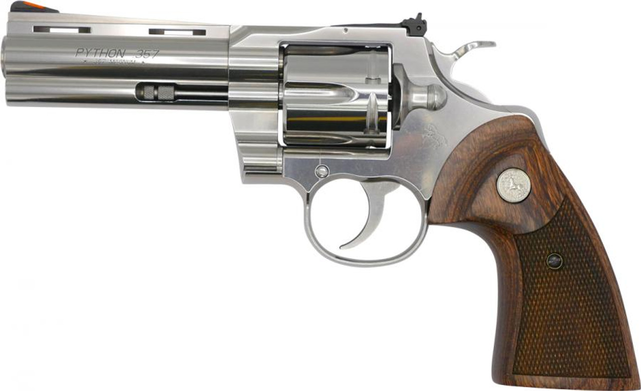 Colt Python 357 Magnum, 4.25" Barrel, Stainless Finish & Frame, Walnut Grips Red Ramp Front/Adjustable Rear 6rd Colt Python 357 Magnum, 4.25" Barrel, Stainless Finish & Frame, Walnut Grips Red Ramp Front/Adjustable Rear 6rd
