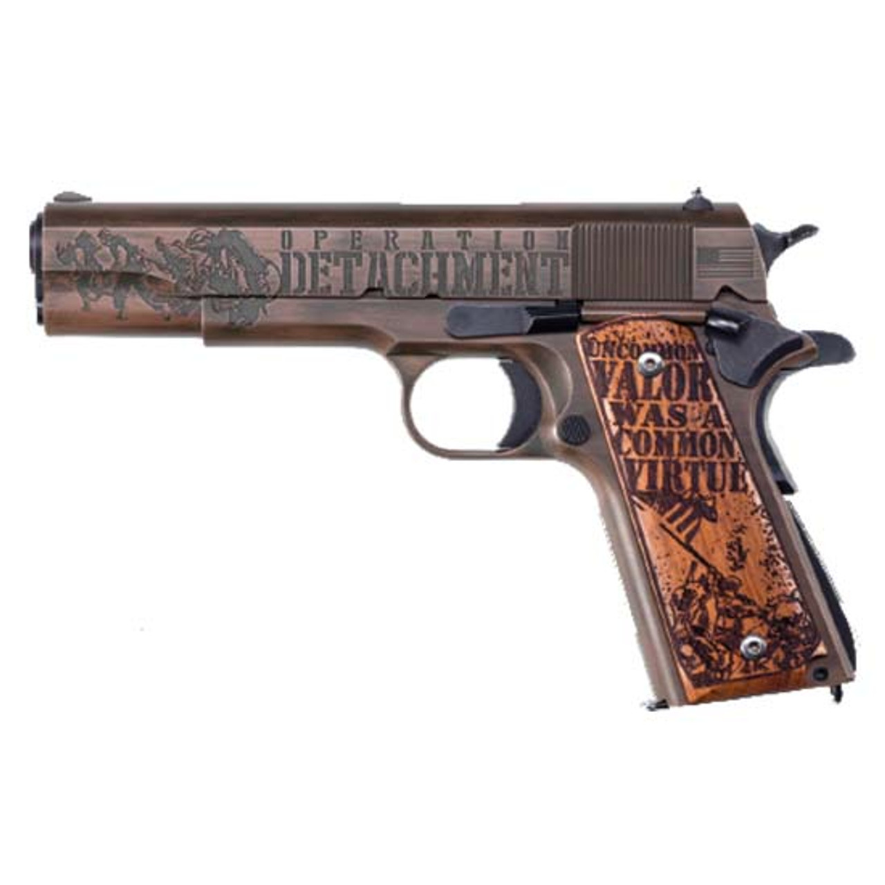 Auto Ordnance Iwo Jima Commemorative 1911 45 ACP, 5" Barrel, Steel Frame, Olive Drab, Distressed Copper, Engraved, 7rd Auto Ordnance Iwo Jima Commemorative 1911 45 ACP, 5" Barrel, Steel Frame, Olive Drab, Distressed Copper, Engraved, 7rd