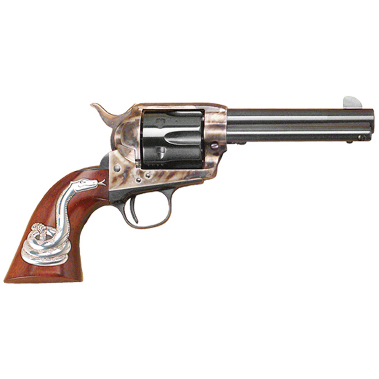 Cimarron Man With No Name 45 Colt, 4 3/4" Barrel, Color Case-hardened, Snake Right Side Cimarron Man With No Name 45 Colt, 4 3/4" Barrel, Color Case-hardened, Snake Right Side