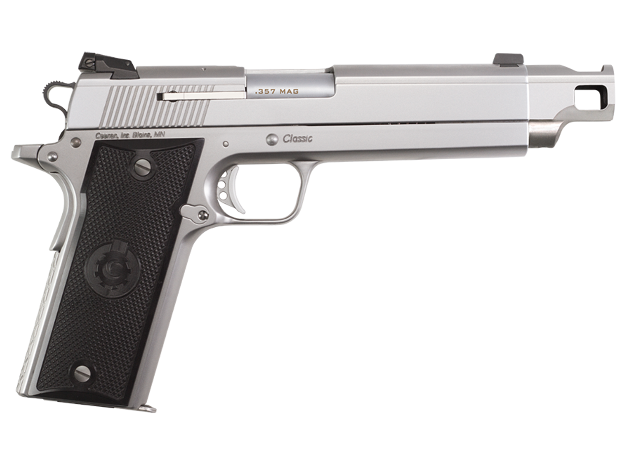 Coonan Compensated 357 Mag, 5.7", Satin Stainless, Fixed Black Sights, Black Alum Grips, 1 Mag (Special Order) Coonan Compensated 357 Mag, 5.7", Satin Stainless, Fixed Black Sights, Black Alum Grips, 1 Mag (Special Order)