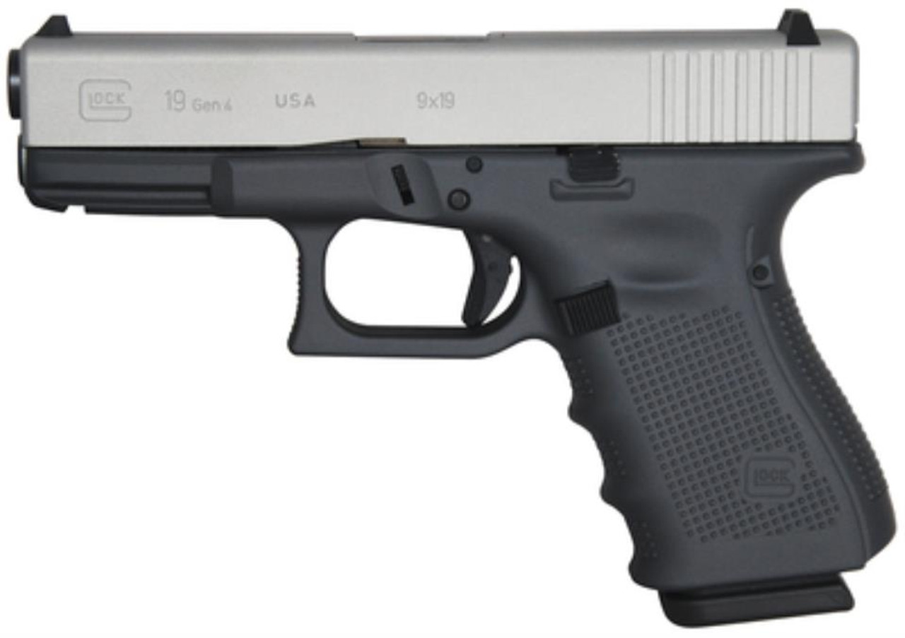 Glock G19 Gen4, 9mm, 4", Battleship Gray/Stainless Gray Slide FS, 15rd, USA Made Glock G19 Gen4, 9mm, 4", Battleship Gray/Stainless Gray Slide FS, 15rd, USA Made