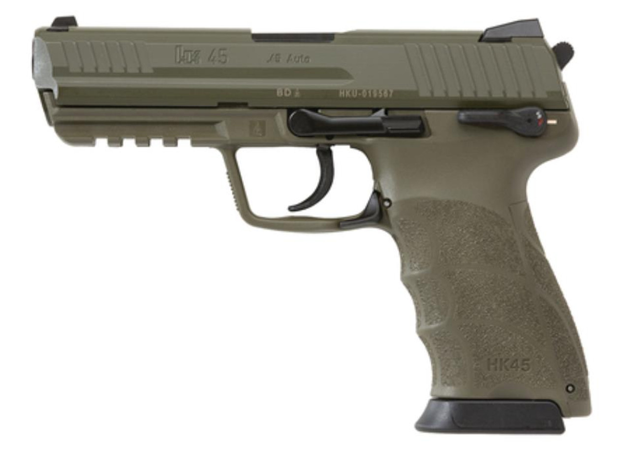 Heckler and Koch HK45 OD Green Finish Frame and Slide (V1) DA/SA safety/decocking lever on left with two 10rd mags Heckler and Koch HK45 OD Green Finish Frame and Slide (V1) DA/SA safety/decocking lever on left with two 10rd mags