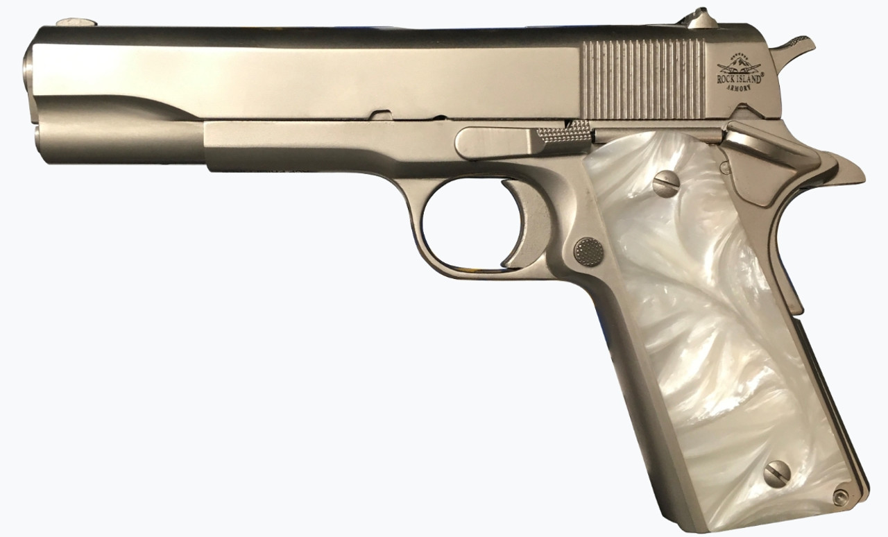 Rock Island Armory M1911-A1 GI *CA* .45 ACP, 5" Barrel, Nickel, Pearl Grips, 8rd Rock Island Armory M1911-A1 GI *CA* .45 ACP, 5" Barrel, Nickel, Pearl Grips, 8rd