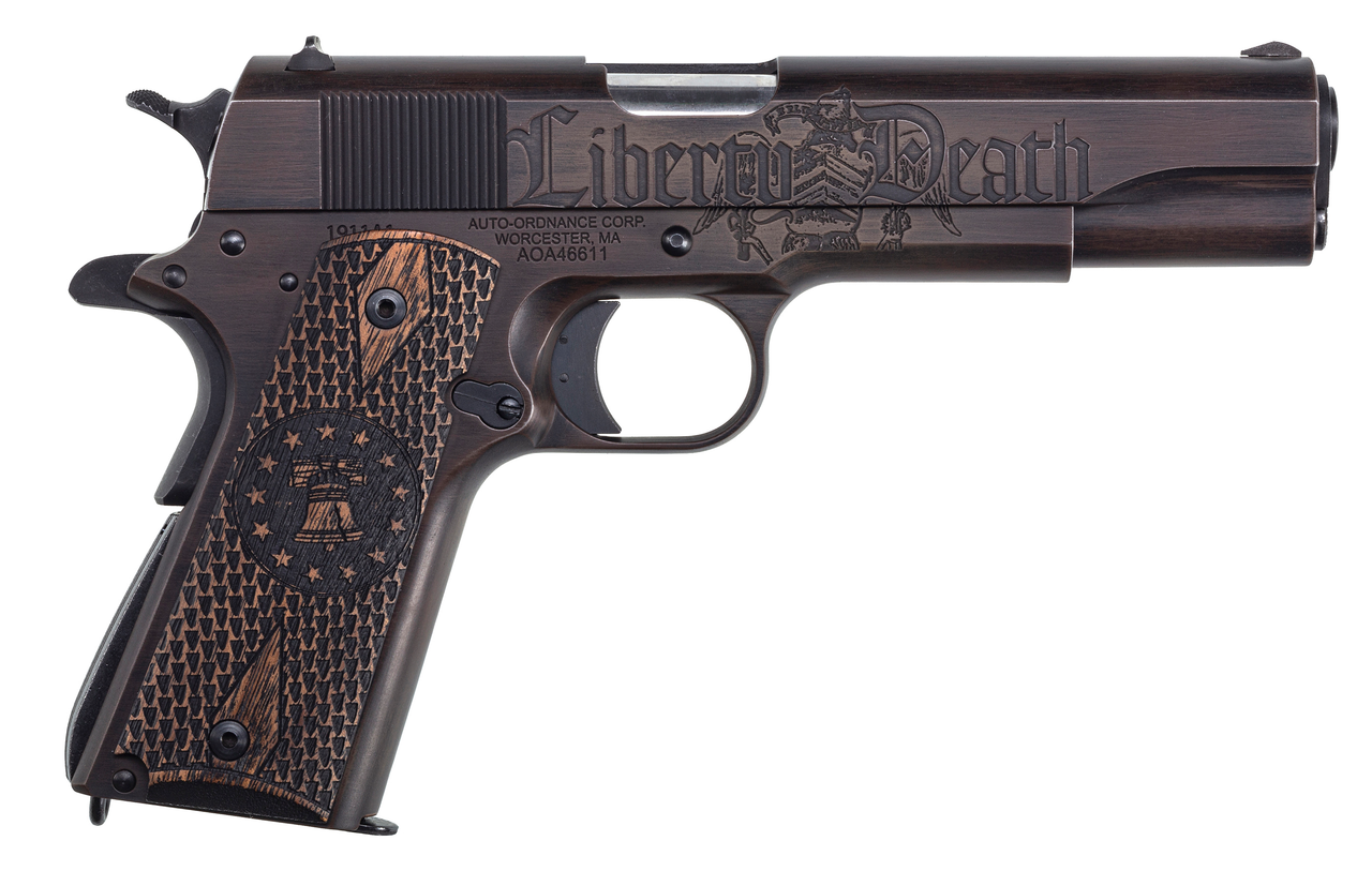 Auto Ordnance Liberty Edition Full Size 1911, 45 ACP, 5" Barrel, Steel Frame, Black/Brown Custom Cerakote Engraved Goncalo Wood Grips, 7Rd Mag Auto Ordnance Liberty Edition Full Size 1911, 45 ACP, 5" Barrel, Steel Frame, Black/Brown Custom Cerakote Engraved Goncalo Wood Grips, 7Rd Mag