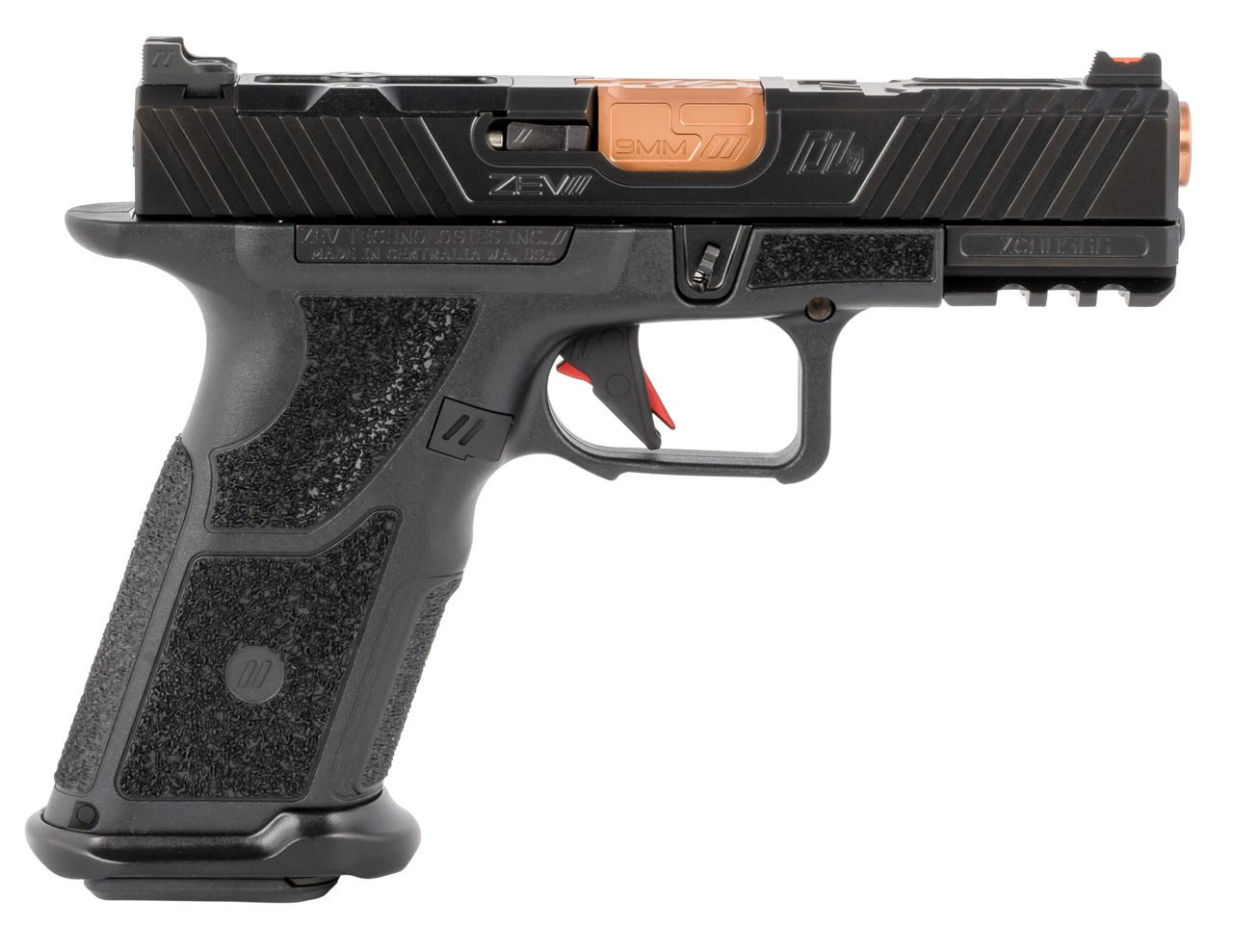 ZEV Technologies O.Z-9 Compact, X 9mm, 4" Bronze Barrel, Steel Frame, Polymer X Grip, Black, 17rd ZEV Technologies O.Z-9 Compact, X 9mm, 4" Bronze Barrel, Steel Frame, Polymer X Grip, Black, 17rd