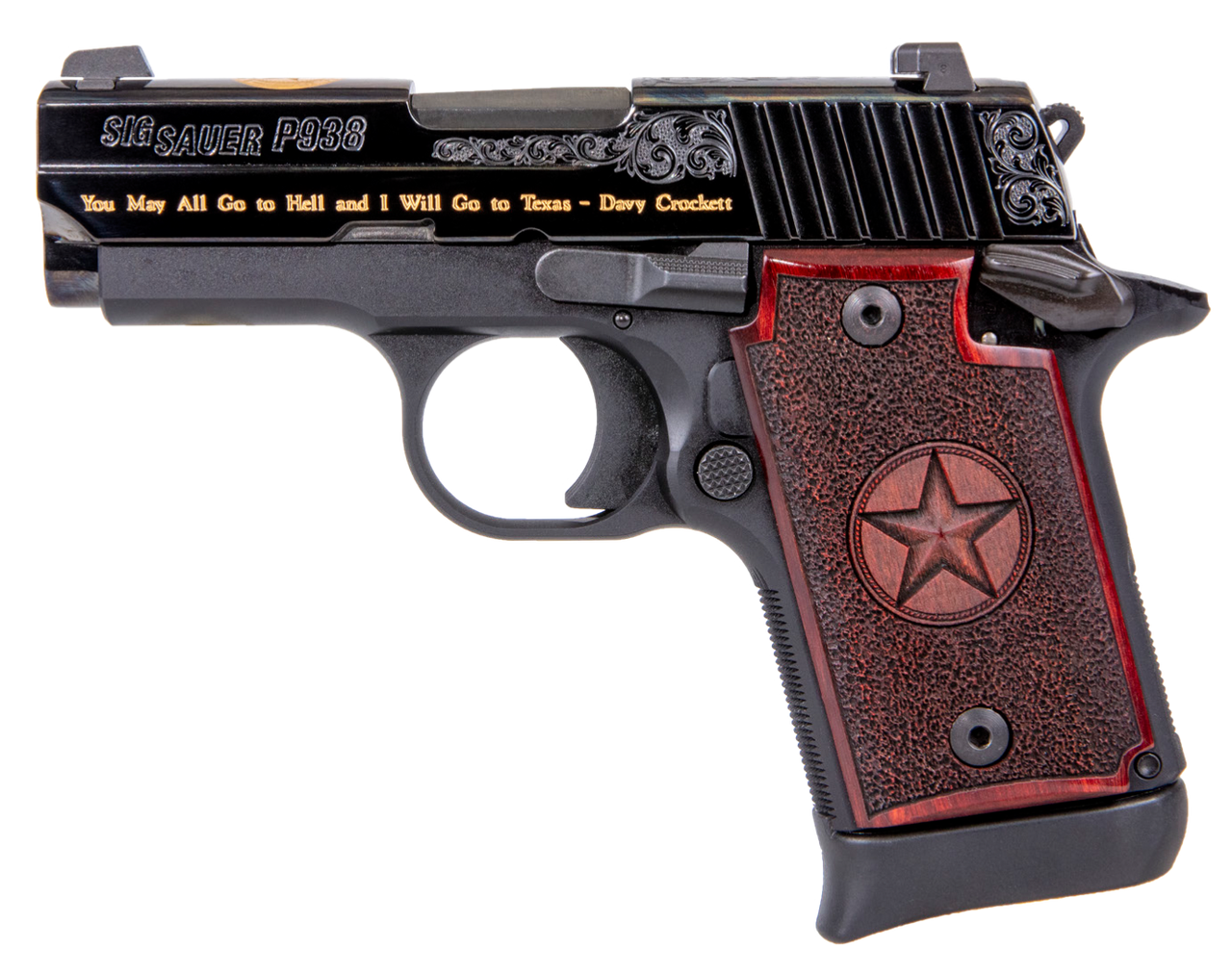 Sig P938 Texas Engraved Gold 9mm 3"Barrel, Black, Gold Engraving Slide, Black Frame, Redwood Grip, 6rd-7rd Mags Sig P938 Texas Engraved Gold 9mm 3"Barrel, Black, Gold Engraving Slide, Black Frame, Redwood Grip, 6rd-7rd Mags