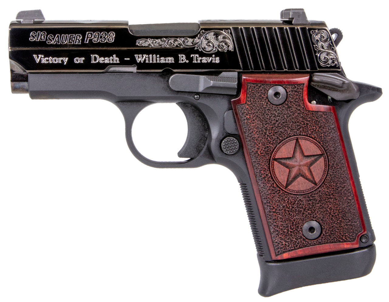 Sig P938 Texas Engraved Silver 9mm 3"Barrel, Black, Silver Engraving Slide, Stainless, Redwood Grip, 6rd-7rd Mags Sig P938 Texas Engraved Silver 9mm 3"Barrel, Black, Silver Engraving Slide, Stainless, Redwood Grip, 6rd-7rd Mags