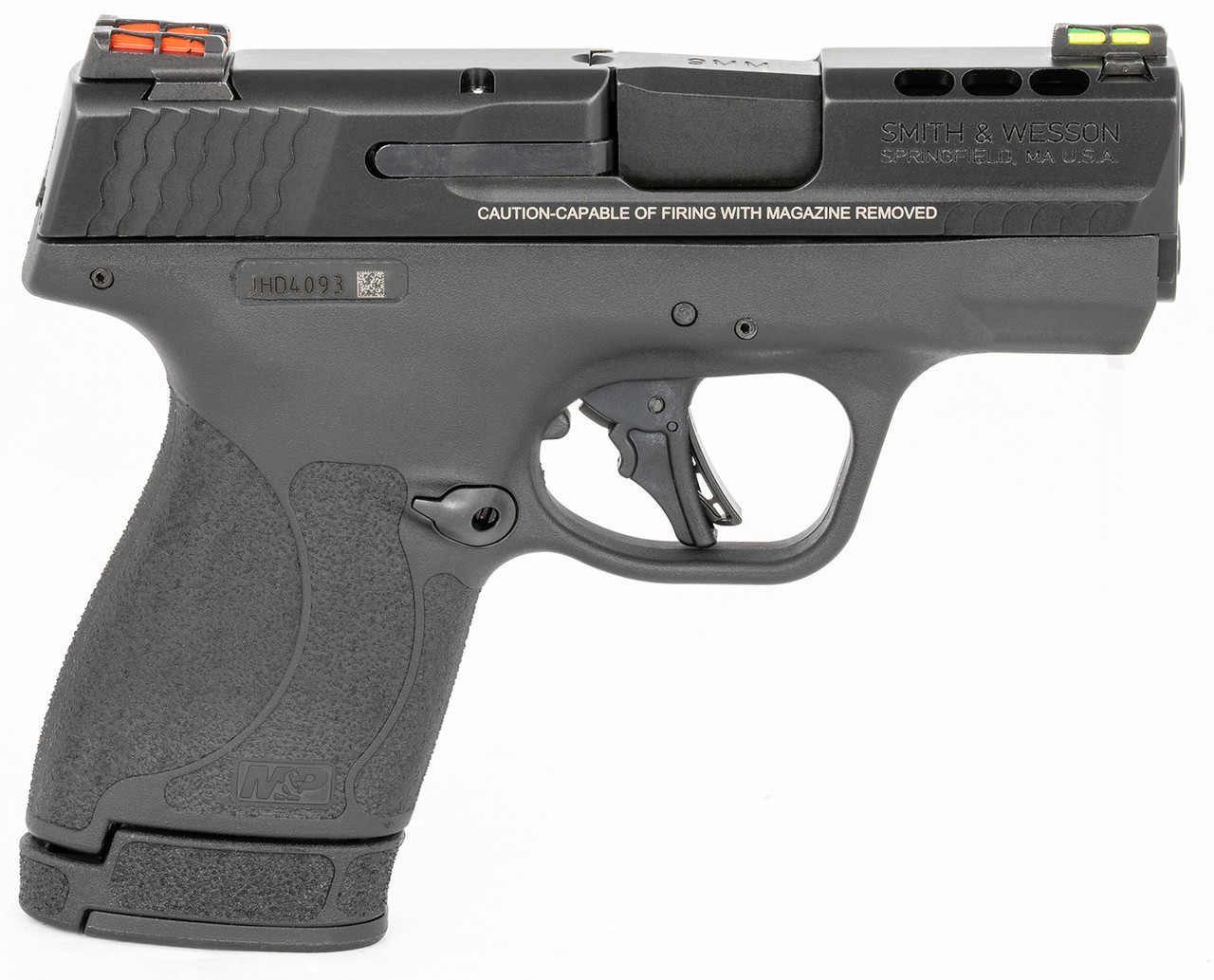 Smith & Wesson, Shield Plus, Performance Center, Striker Fired, Micro Compact, 9mm, 3.1" Ported Barrel, Polymer Frame, Thumb Safety, Fiber Optic, Flat Face Trigger, 2 Mags, 1-10Rd 1-13Rd, Black Smith & Wesson, Shield Plus, Performance Center, Striker Fired, Micro Compact, 9mm, 3.1" Ported Barrel, Polymer Frame, Thumb Safety, Fiber Optic, Flat Face Trigger, 2 Mags, 1-10Rd 1-13Rd, Black