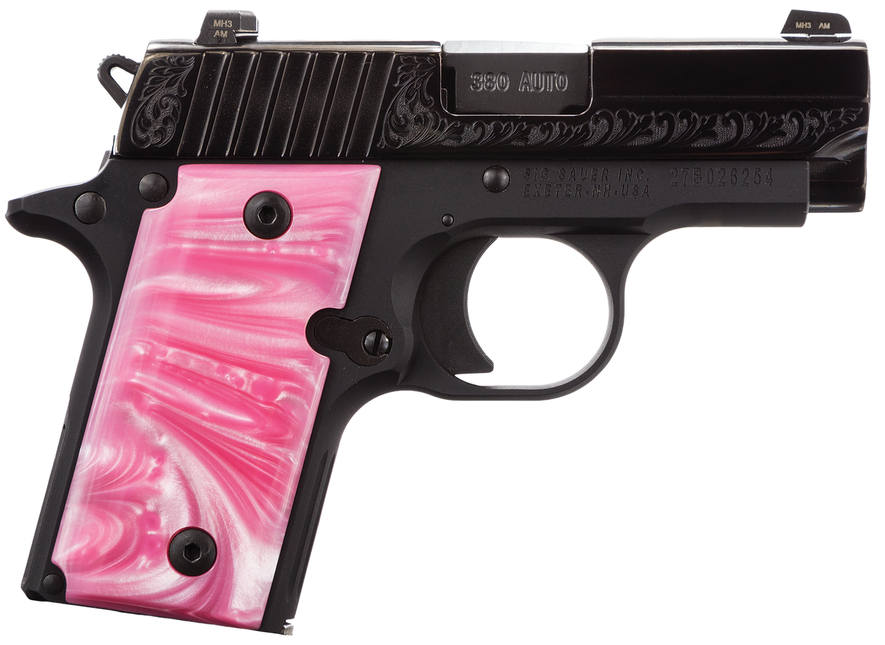 SIG P238 ESP Microcompact .380Acp 2.7 Barrel Siglite Night Sights Polished & Engraved Nitron Slide Pink Pearlite Grips 6 Round Mag SIG P238 ESP Microcompact .380Acp 2.7 Barrel Siglite Night Sights Polished & Engraved Nitron Slide Pink Pearlite Grips 6 Round Mag