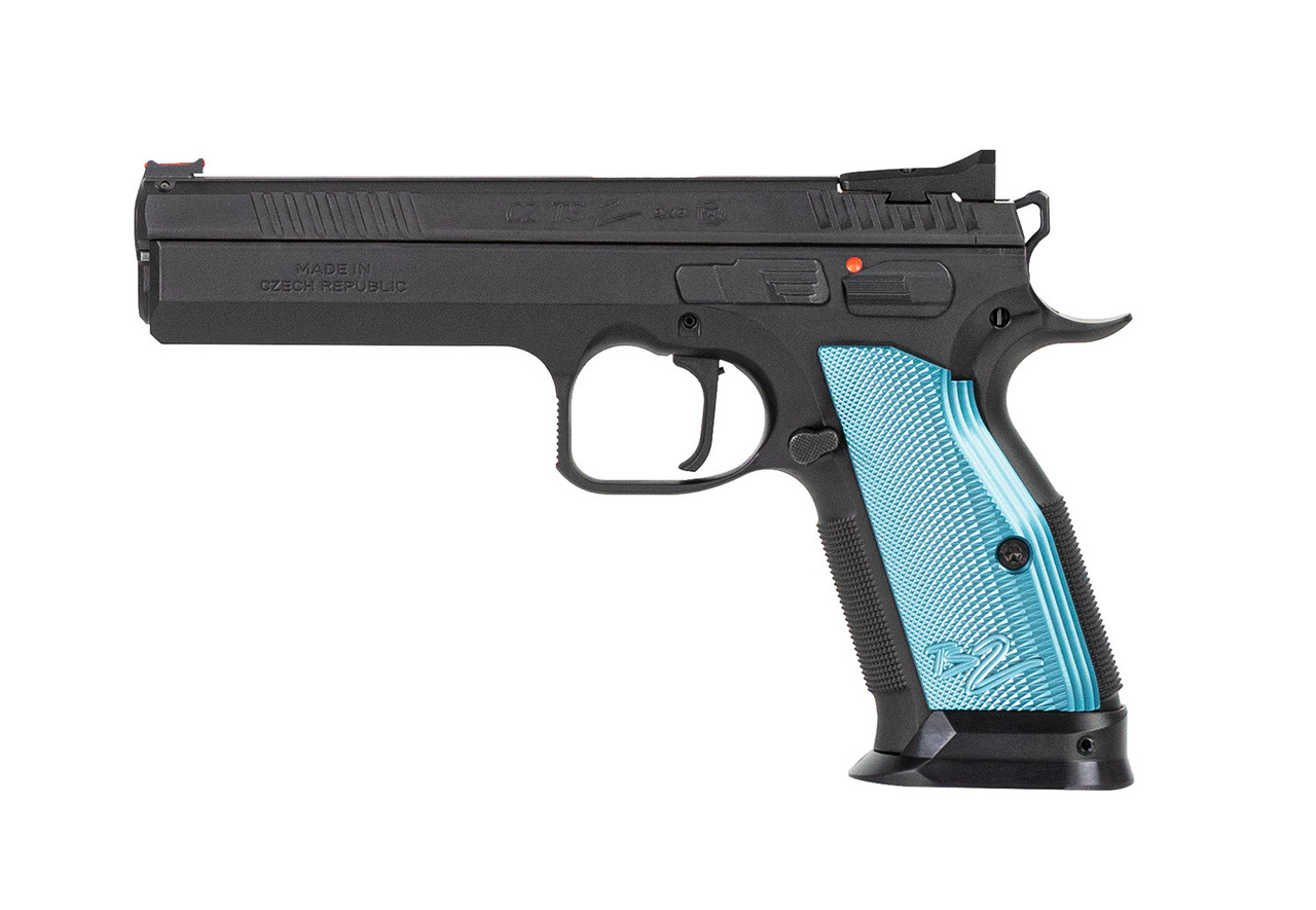 CZ TS 2 9mm, 5.23" Barrel, FO Front, Blue Aluminum Grips, Black, 20rd CZ TS 2 9mm, 5.23" Barrel, FO Front, Blue Aluminum Grips, Black, 20rd