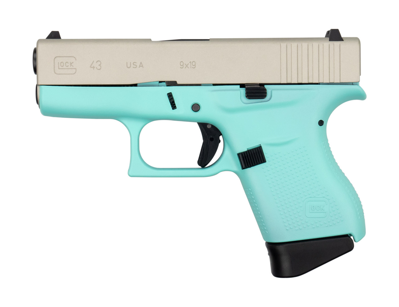 Glock G43 9mm, 3.41" Barrel, 6rd, Aluminum Cerakoted Slide, Robins Egg Blue Frame Glock G43 9mm, 3.41" Barrel, 6rd, Aluminum Cerakoted Slide, Robins Egg Blue Frame