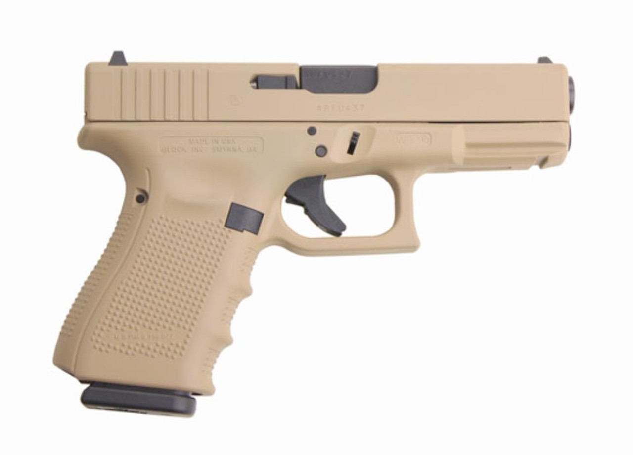 Glock 19 Gen4 9mm, 15rd, 4" Barrel, Desert Sand Hot Cerakote Finish 15 Rd Mag Glock 19 Gen4 9mm, 15rd, 4" Barrel, Desert Sand Hot Cerakote Finish 15 Rd Mag