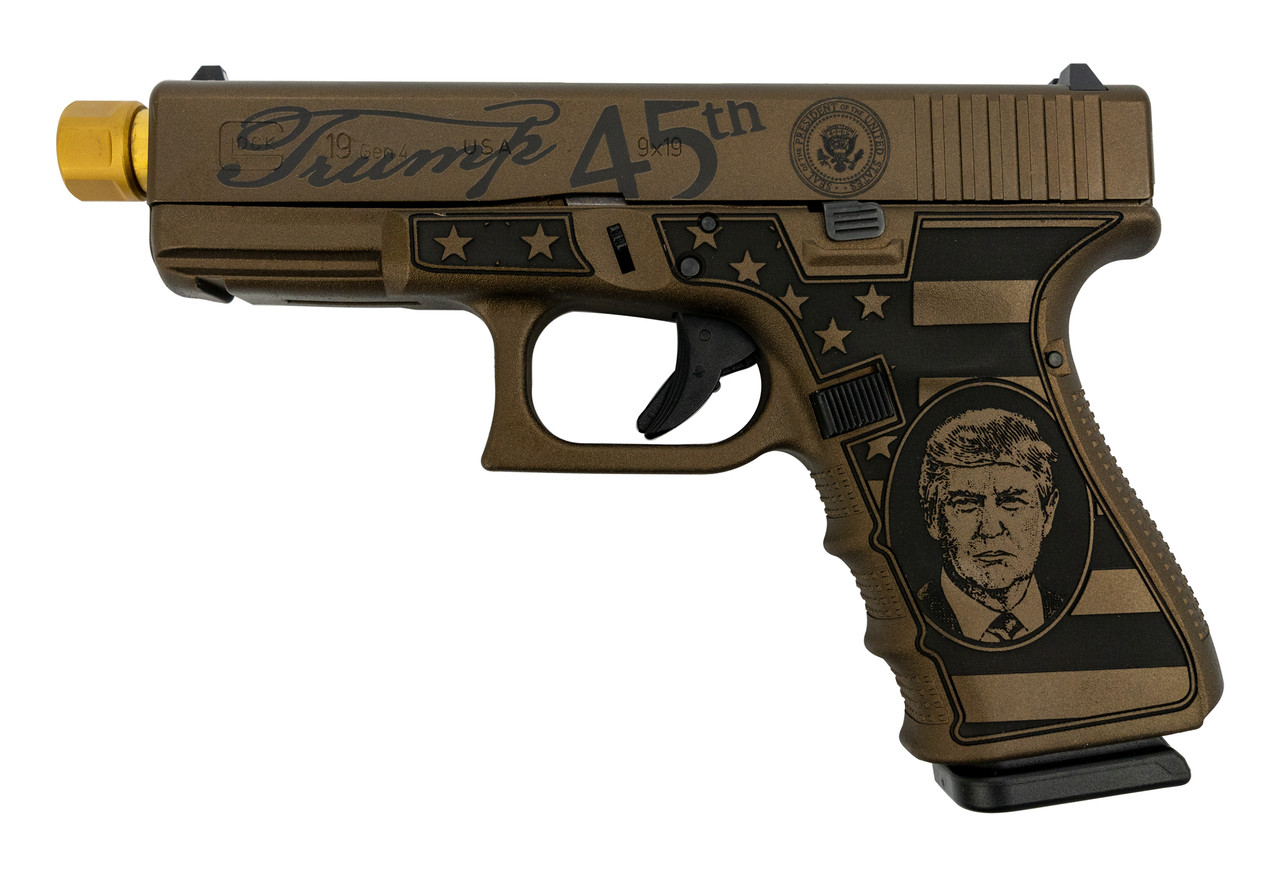 Glock 19 Gen4 Trump MAGA Limited Ed., 9mm, 4.6" Zaffiri TiN TB, Burnt Bronze, 3x 15rd Glock 19 Gen4 Trump MAGA Limited Ed., 9mm, 4.6" Zaffiri TiN TB, Burnt Bronze, 3x 15rd