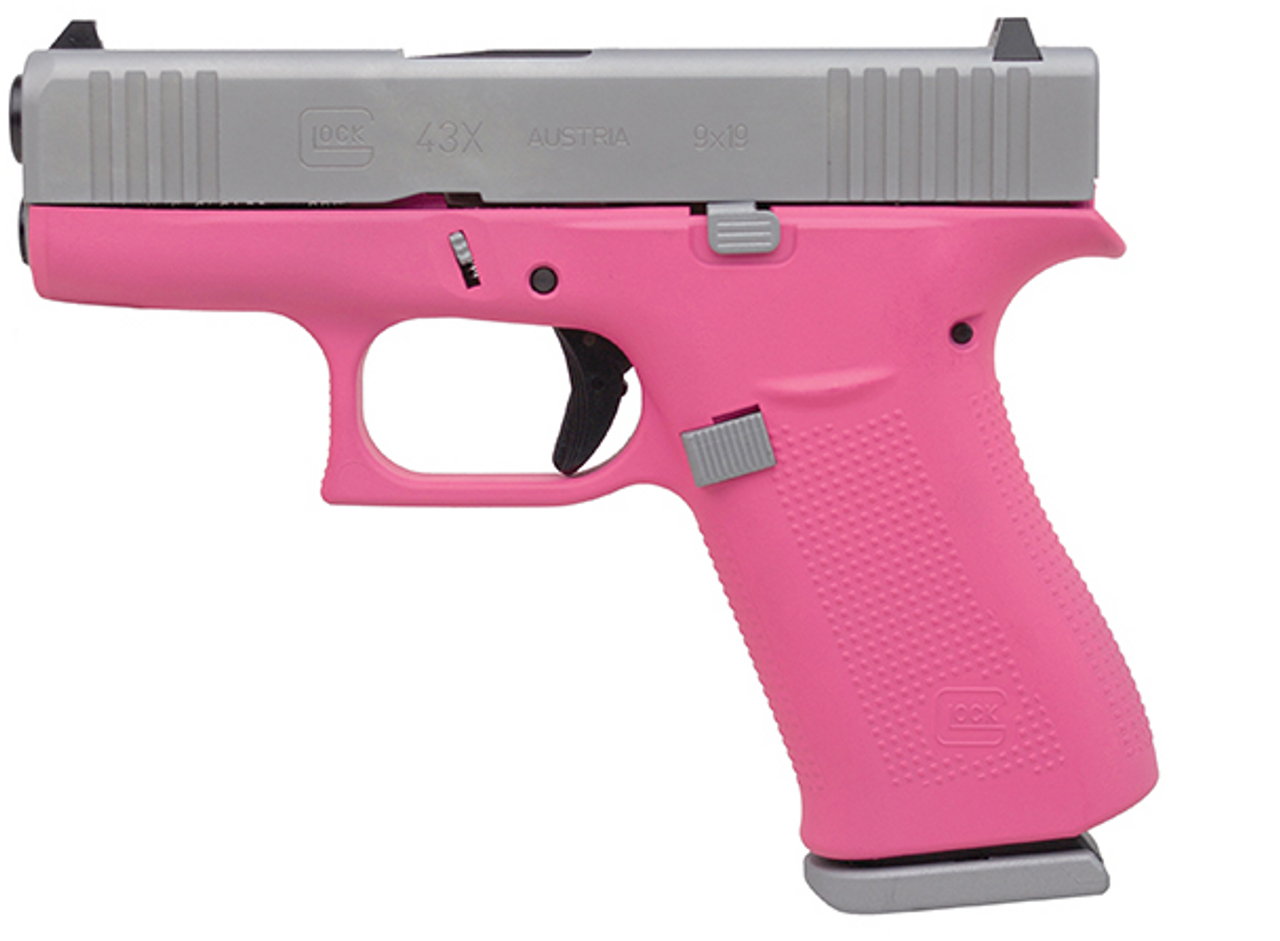 Glock 43X Subcompact 9mm, 3.41" Barrel, Silver/Prison Pink, Fixed Sights, 2x10rd Mags Glock 43X Subcompact 9mm, 3.41" Barrel, Silver/Prison Pink, Fixed Sights, 2x10rd Mags