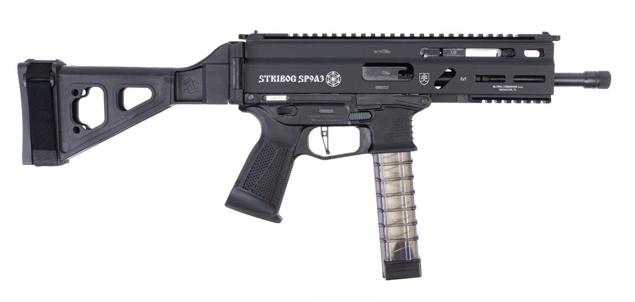Grand Power Stribog SP9A3 9mm, 8" Barrel, Flip-Up Sights, SB Folding Brace, Black, 30rd Grand Power Stribog SP9A3 9mm, 8" Barrel, Flip-Up Sights, SB Folding Brace, Black, 30rd