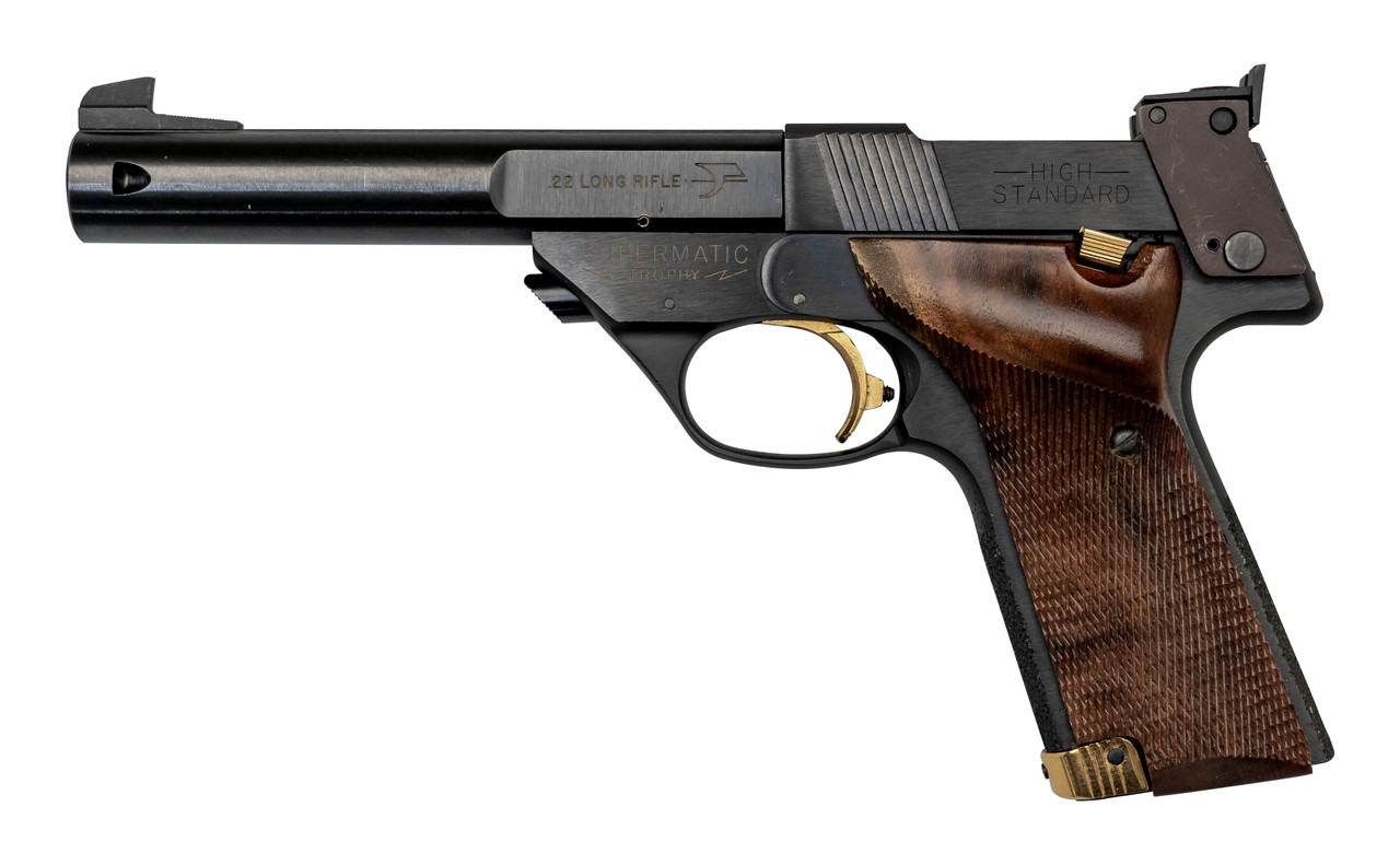 High Standard Supermatic Trophy Used .22 LR, 5.5" Barrel, Military Grip, Black, Original Box, 10rd High Standard Supermatic Trophy Used .22 LR, 5.5" Barrel, Military Grip, Black, Original Box, 10rd